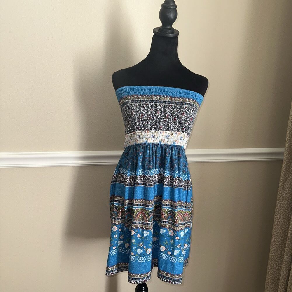 VTG Y2K Tub top Babydoll Dress Floral Blue White Fairy Cottage Core Sz XS/S